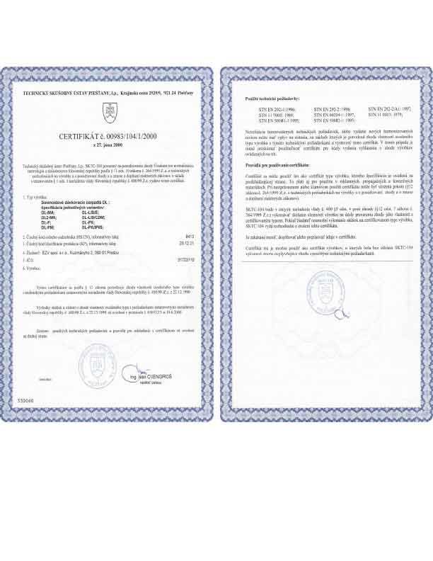 Certifikat Solenoidové dávkovacie čerpadlá DL