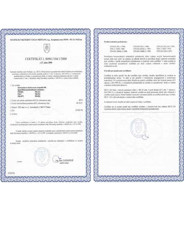 Certifikat Solenoidové dávkovacie čerpadlá PB